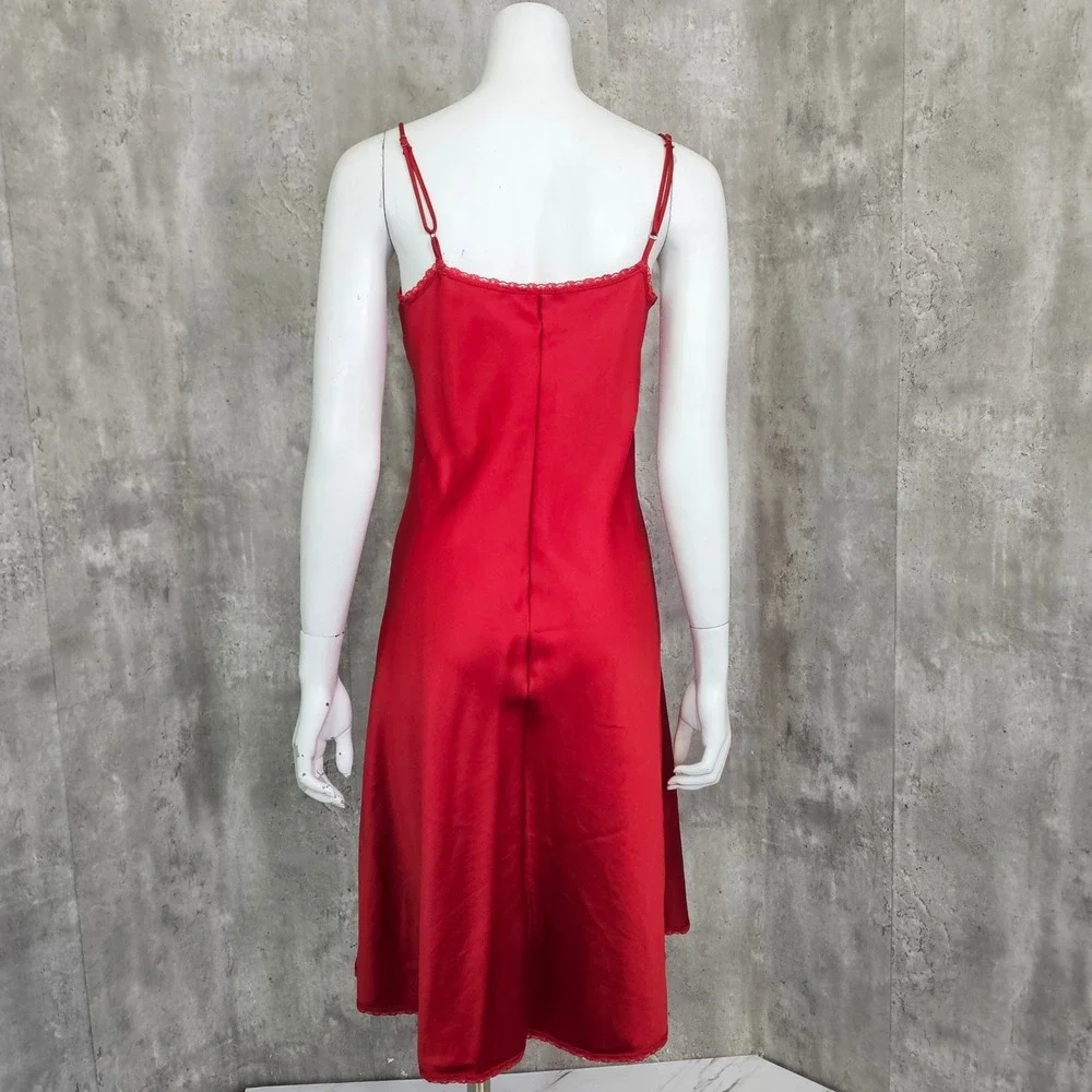 Vintage Warners Red Nylon Lace Slip‎ Dress Womens 34 Mini Chemise Nightgown USA